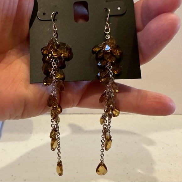 NWT INC Earrings silver tone chain Dangle, long with brown faceted crystal beads - Picture 2 of 7